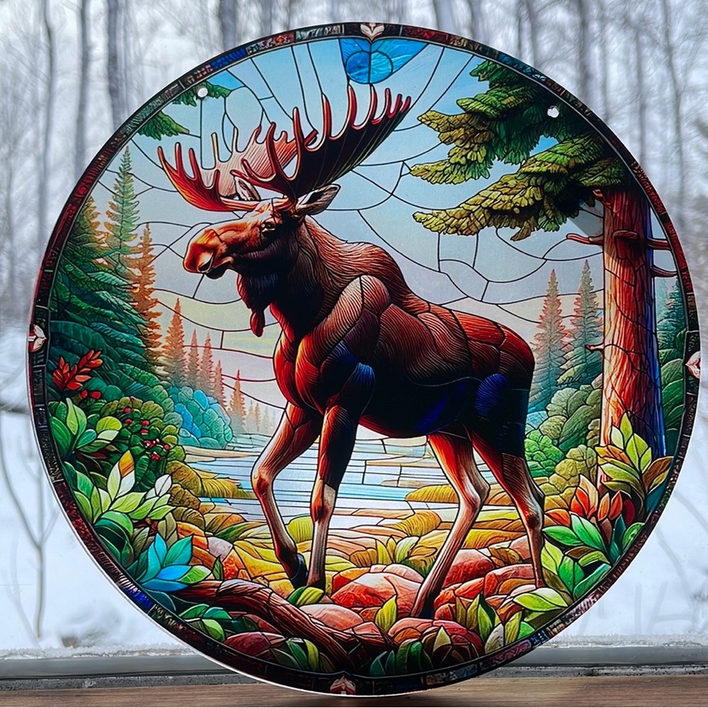 8” Suncatcher Acrylic Moose Decorative Forest Nature Round Faux Stained Glass